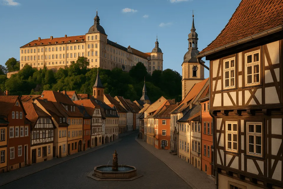 Altstadt mit Fachwerkhäusern und historischem Gebäude auf einer Brücke.