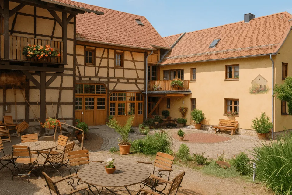 Außenansicht eines traditionellen Fachwerkhauses mit Innenhof.