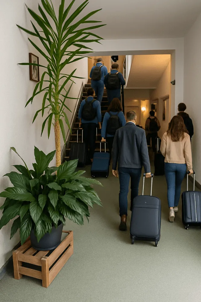 Reisende mit Gepäck beim Einchecken in einem Hotel.